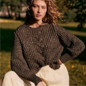 Sezane Chunky Cable-Knit Sweater in Dark Brown and Cream Fleck